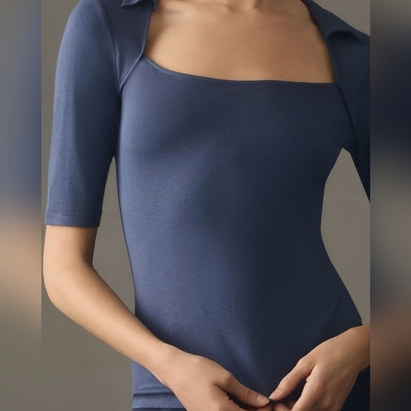 Anthropologie Collared Square Neck Tee in Navy Blue Size XL NWT - Picture 4 of 8